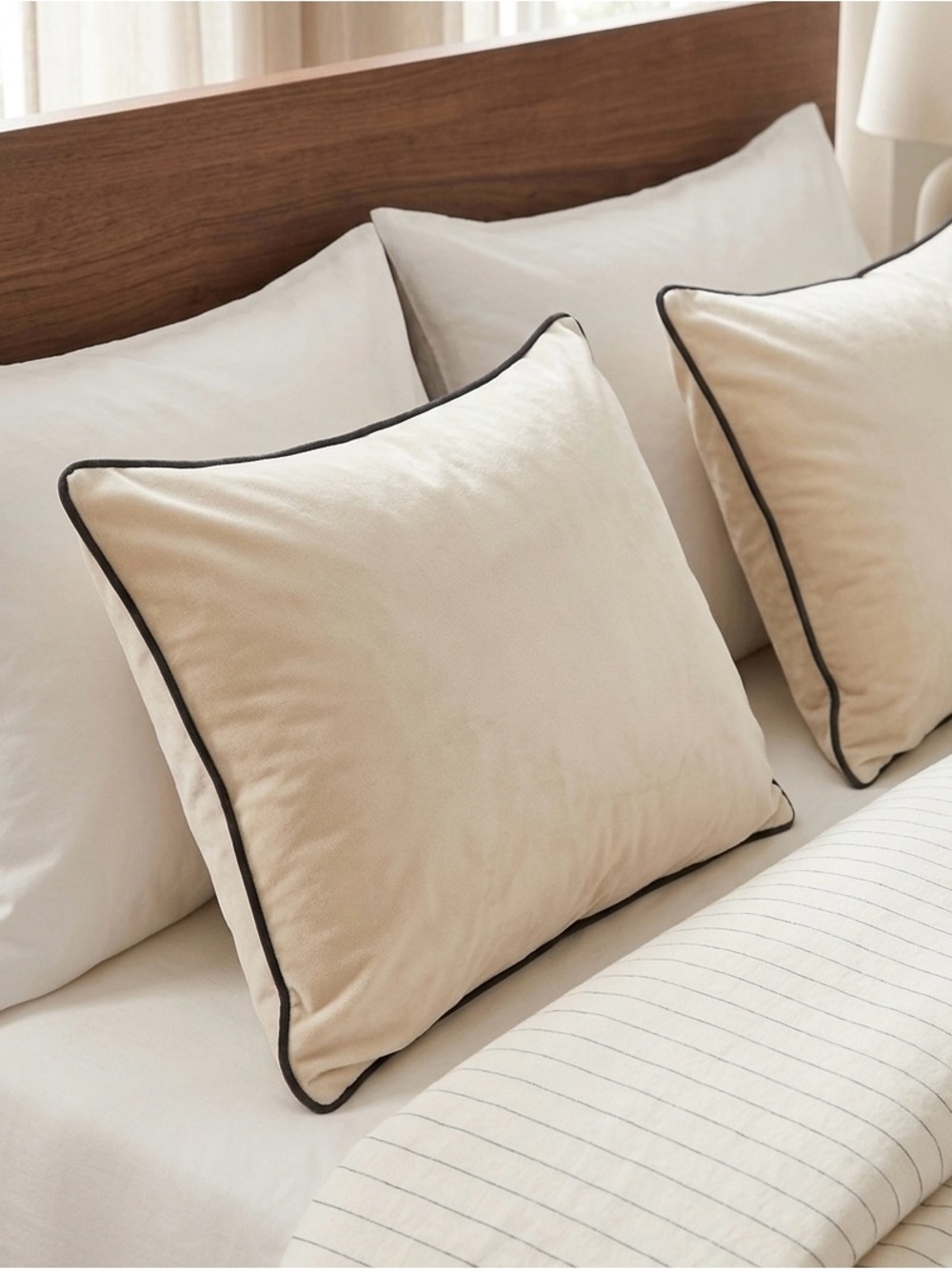 Cream Decorative Throw Pillow with Black Piping - Home Bedding